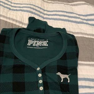green and black plaid, PINK pajama shirt